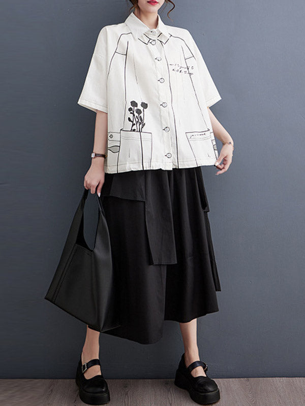 Buttoned Printed Loose Short Sleeves Lapel Blouses&Shirts Tops