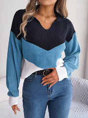 Contrast Color Long Sleeves Loose Lapel Sweater Tops Pullovers