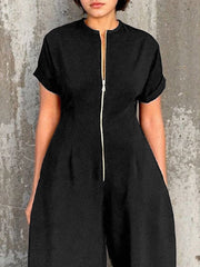 Short Sleeves Wide Leg Elasticity Split-Joint Zipper Round-Neck Jumpsuits