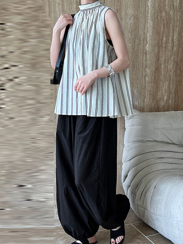 Lace-Up Pleated Split-Joint Streamer Striped Loose Sleeveless Stand Collar Vest Top