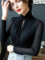 Hollow Mesh Pleated See-Through Solid Color Twist Long Sleeves Plus Size Half Turtleneck Blouses&Shirts Tops