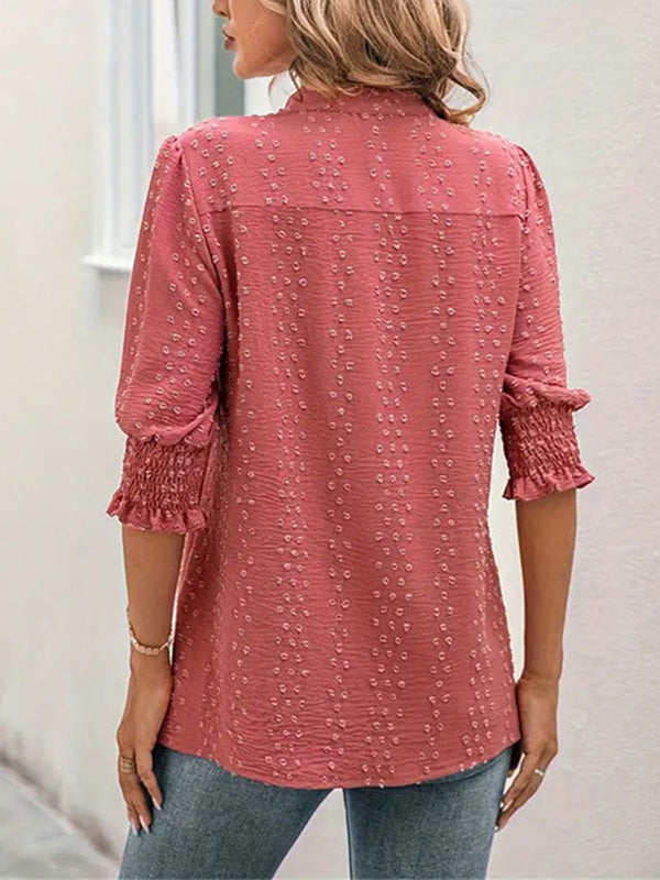 Elasticity Jacquard Solid Color Split-Joint Half Sleeves Loose V-Neck T-Shirts Tops
