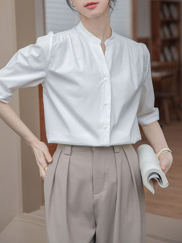 Buttoned Pleated Solid Color Split-Joint Half Sleeves Loose Stand Collar Blouses&Shirts Tops