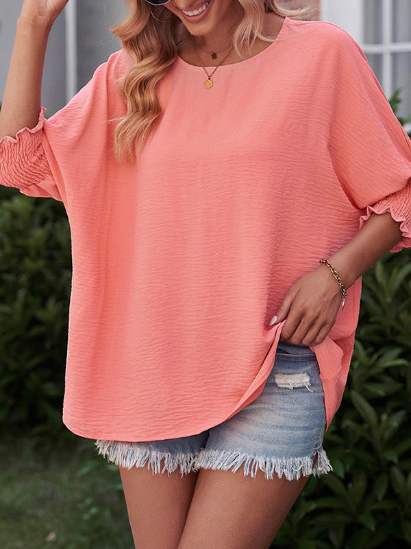 Elasticity Solid Color Split-Joint Half Sleeves Loose Round-Neck T-Shirts Tops