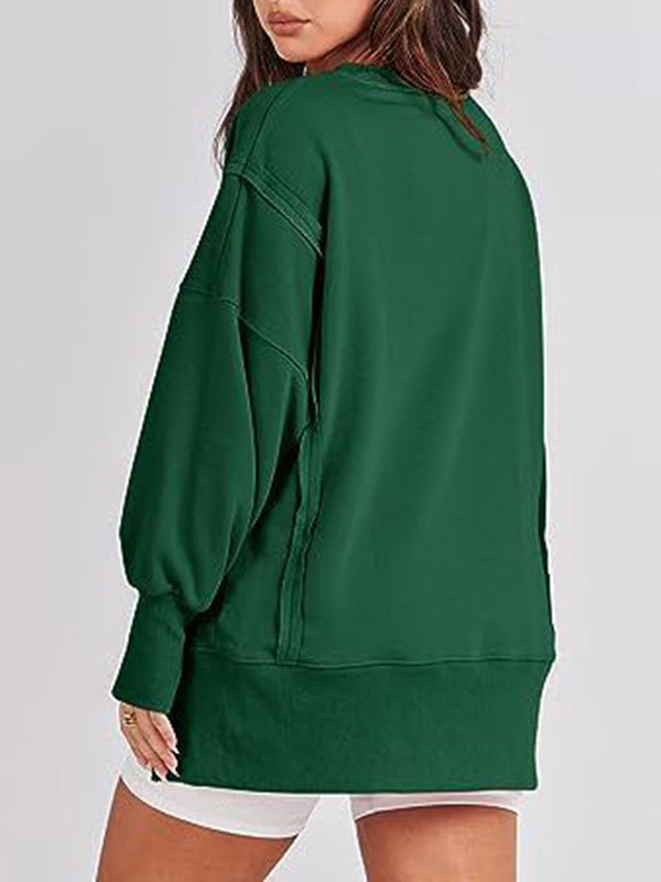 Fringed Solid Color Split-Joint Split-Side High-Low Long Sleeves Round-Neck Sweatershirt