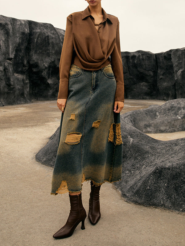 Hollow Solid Color Split-Joint Long Sleeves Loose Lapel Blouses&Shirts Tops