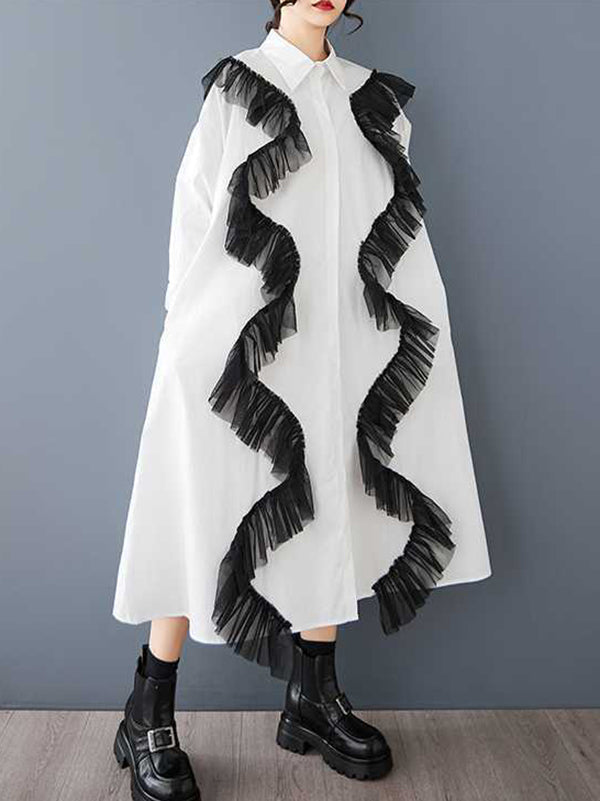 Buttoned Split-Joint A-Line Long Sleeves Lapel Shirt Dress Midi Dresses