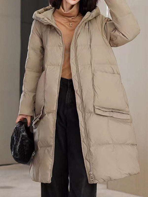 Pockets Solid Color Split-Joint Long Sleeves Loose Hooded Down Coat