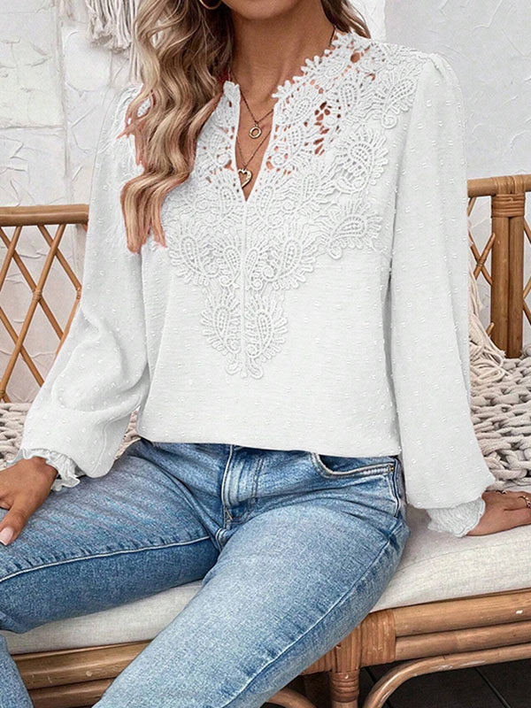 Elasticity Hollow Jacquard Solid Color Split-Joint Loose Puff Sleeves V-Neck Blouses&Shirts Tops