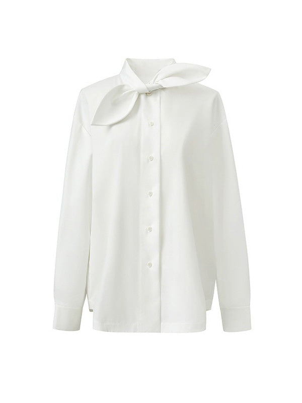 Buttoned Solid Color Long Sleeves Loose Mock Neck Blouses&shirts Tops