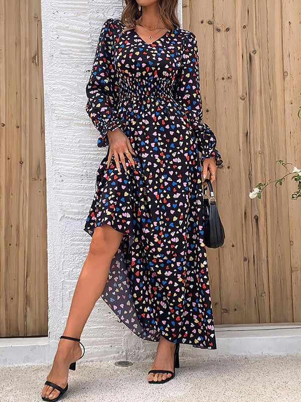 Elasticity Floral Printed Split-Joint Loose Puff Sleeves V-neck Maxi Dresses
