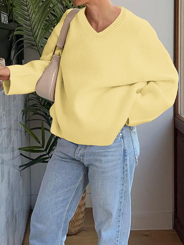 Ribs Solid Color Long Sleeves Loose V-Neck Sweater Tops