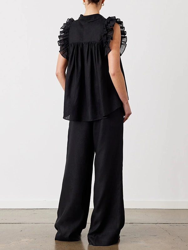 Buttoned Hollow Mesh Pleated Ruffled Solid Color Split-Joint High-low Loose Lapel Vest Top