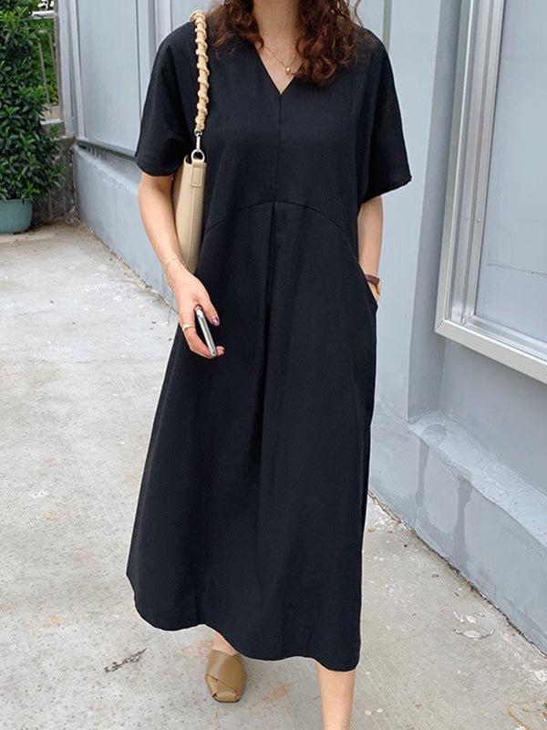 Loose Solid Color V-Neck Pleated With Pockets Midi Dresses