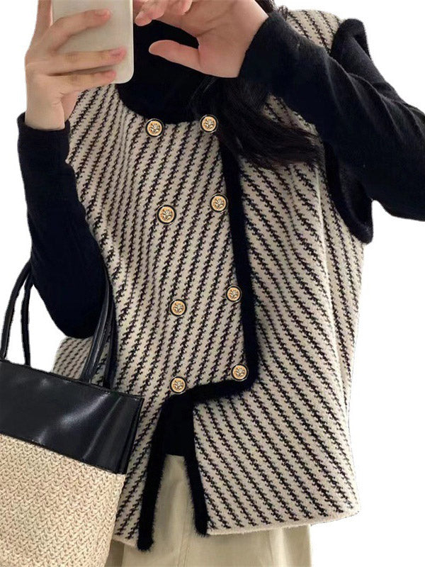 Original Creation Sleeveless Loose Buttoned Striped Round-Neck Vest Outerwear
