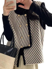 Original Creation Sleeveless Loose Buttoned Striped Round-Neck Vest Outerwear