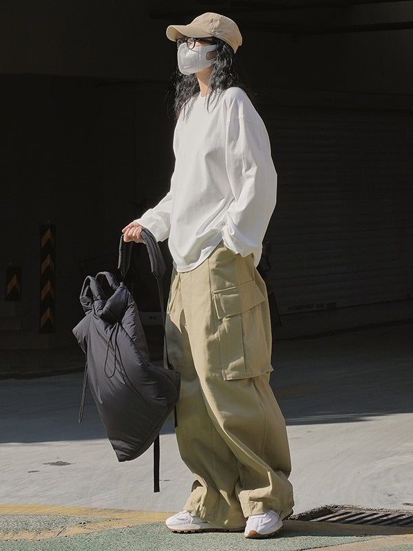 Casual Long Sleeves Loose Solid Color Round-Neck T-Shirts Tops