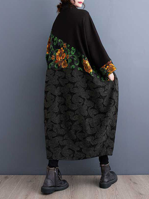Buttoned Drawstring Flower Print Split-Joint Long Sleeves Loose Collarless Trench Coats