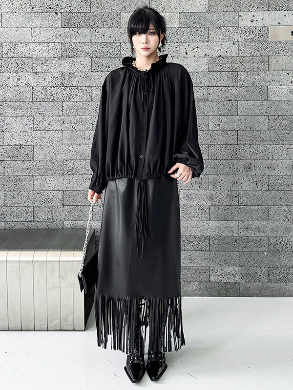 Drawstring Pleated Pullover Design Solid Color Long Sleeves Loose Lace Collar Blouses&Shirts Tops