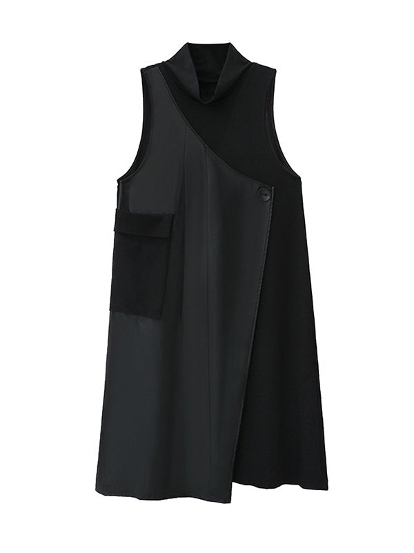 Asymmetric Buttoned Solid Color Split-Joint Irregularity Loose High Neck Midi Dresses