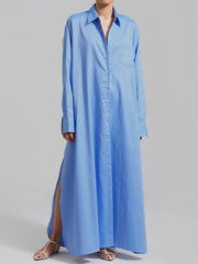 See-Through Solid Color Split-Joint Split-Side Long Sleeves Loose Lapel Shirt Dress Maxi Dresses