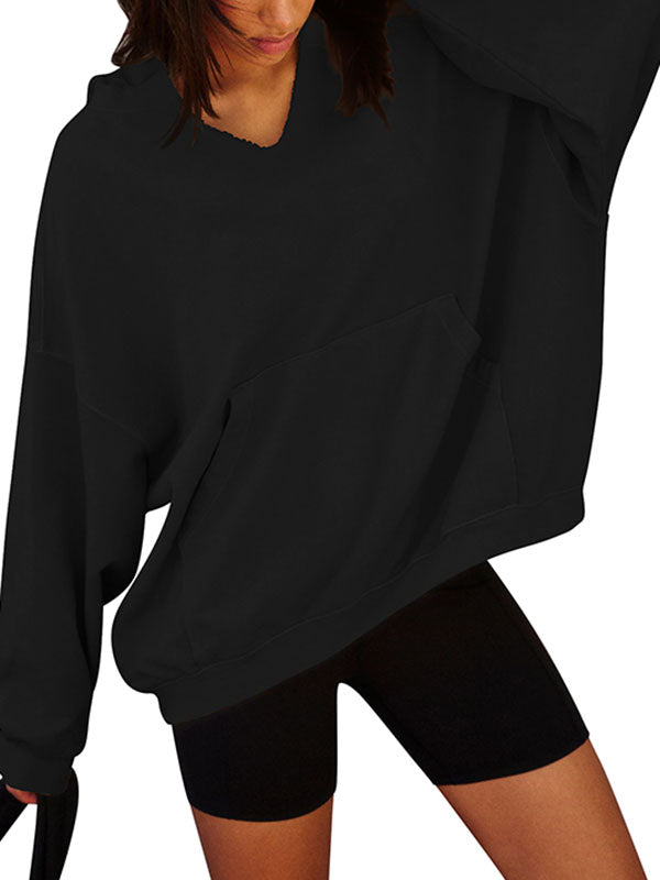 Solid Color Split-Joint Batwing Sleeves Loose Hooded Hoodies Tops