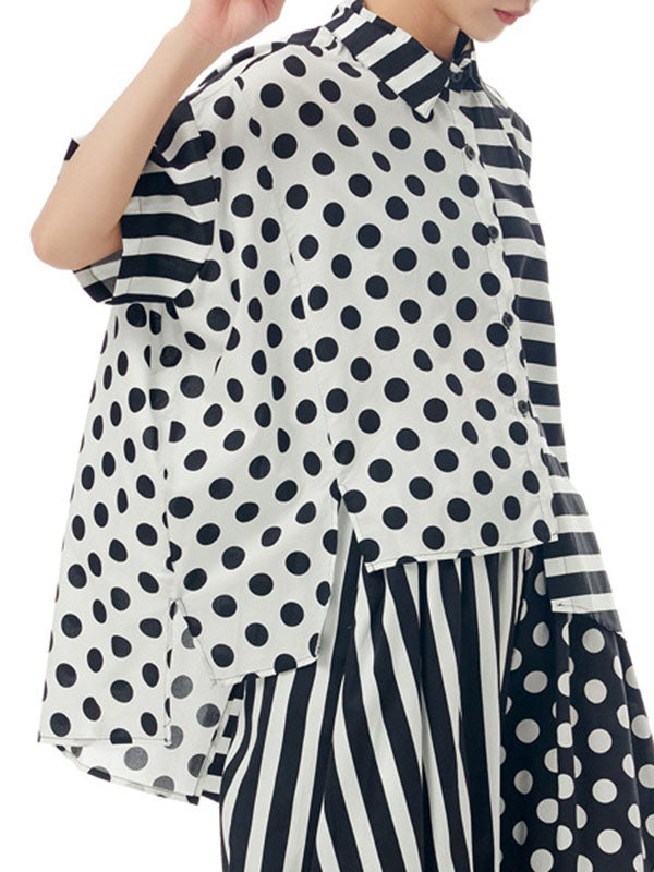 Polka-Dot Split-Joint Striped Irregular clipping Loose Lapel Shirts Tops