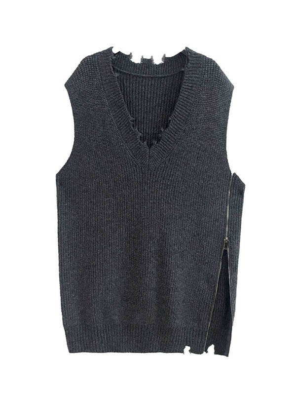 Asymmetric Split-Side Zipper Loose Sleeveless V-Neck Vest Outerwear