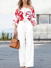 Long Sleeves Loose Contrast Color Flower Print One-Shoulder Blouses&Shirts Tops