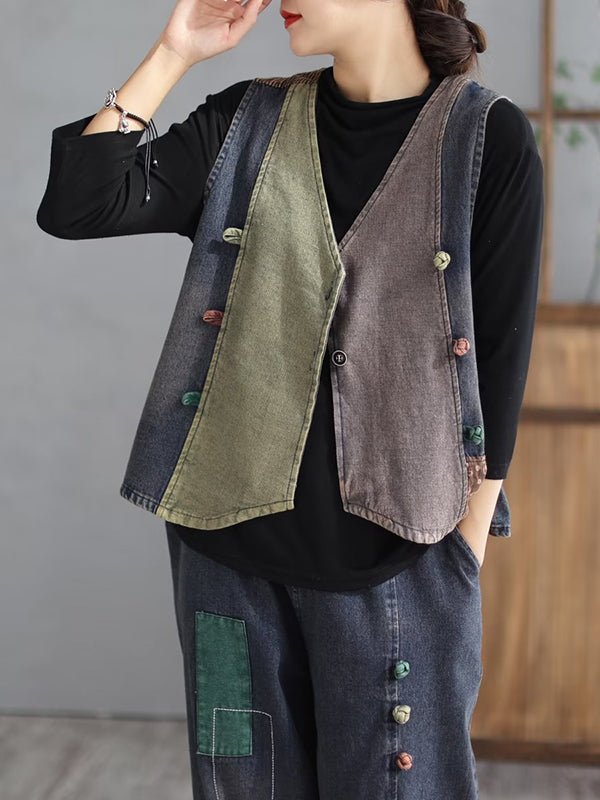 Loose Split-Joint V-Neck Vest Top + Jean Harem Pants Bottoms  Two Pieces Set