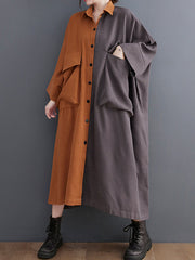 Original Creation Loose Long Sleeves Buttoned Contrast Color Lapel Collar Midi Dresses