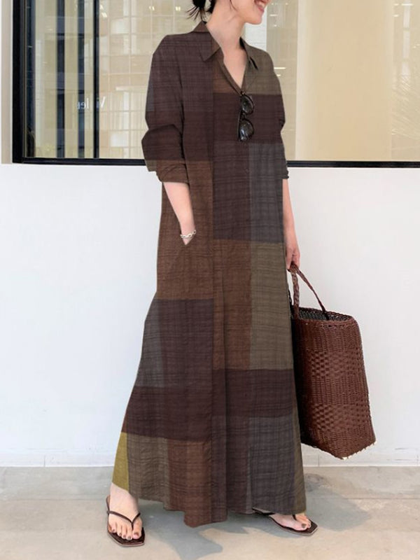 Plaid Pockets Long Sleeves Loose Lapel Shirt Dress Maxi Dresses
