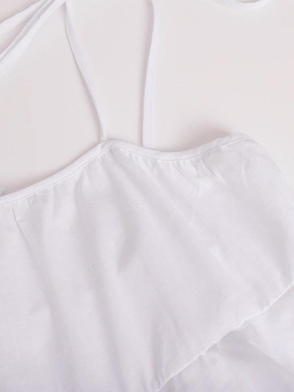 Backless Layered Pleated Solid Color A-Line High Waisted Spaghetti-Neck Mini Dresses