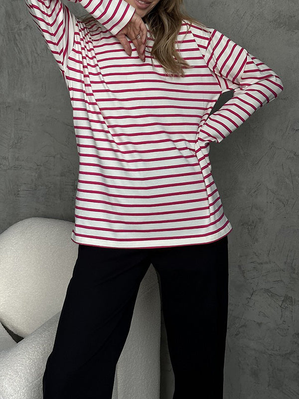 Striped Long Sleeves Loose Round-Neck T-Shirts Tops