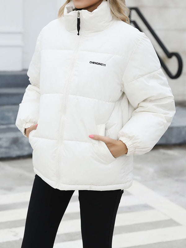 Keep Warm Quilted Solid Color Zipper Long Sleeves Loose High Neck Padded Coat