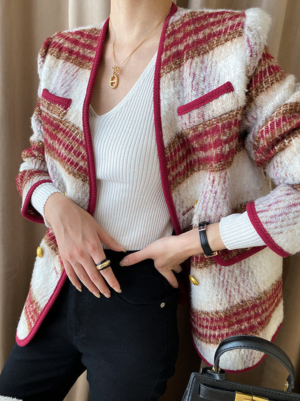 Buttoned Contrast Color Plaid Long Sleeves V-Neck Outerwear Jackets