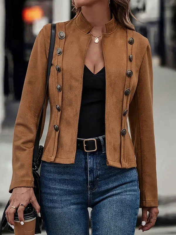 Buttoned Solid Color Long Sleeves Loose Adjustable Straps Outerwear Jackets