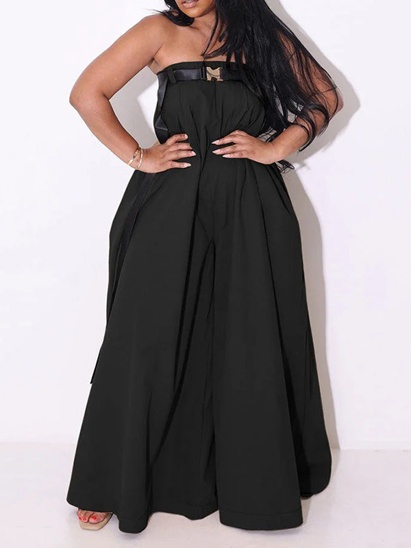 Belted Pleated Pockets Solid Color Loose Sleeveless Tube Jumpsuits