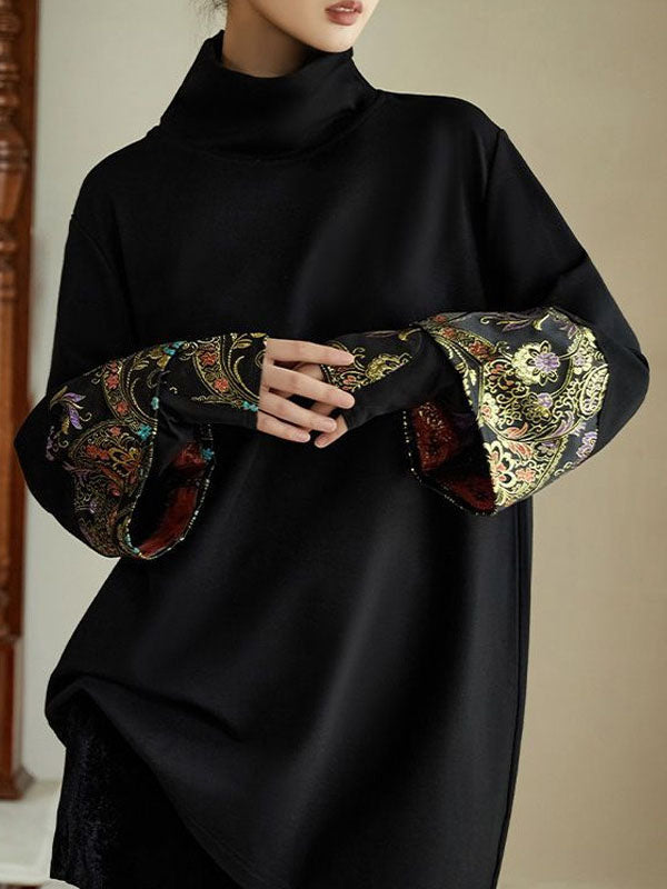 Embroidered Split-Joint Fake Two-Piece Irregular Clipping High Neck Sweatershirt