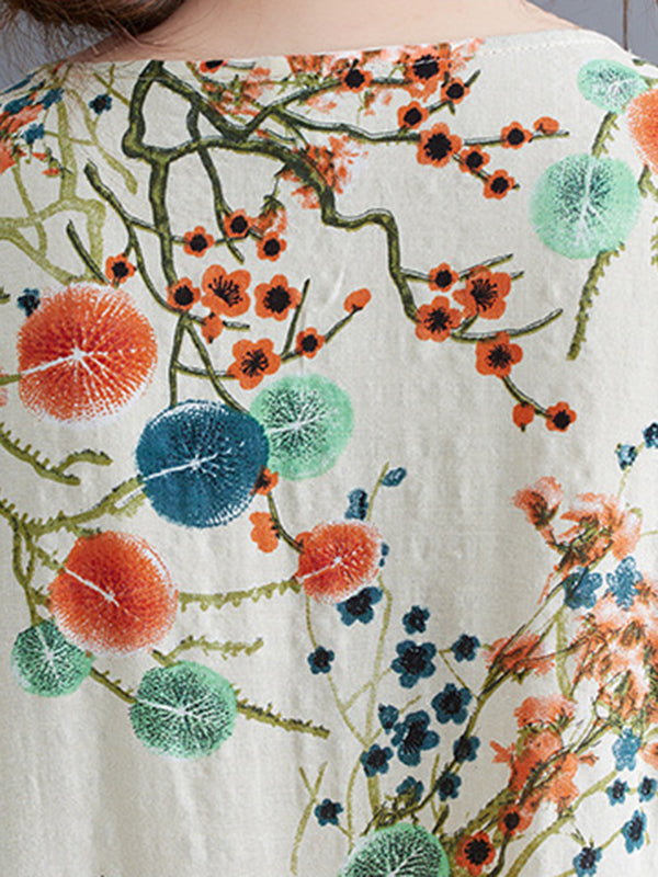 Floral Printed Loose Short Sleeves Round-neck Midi Dresses