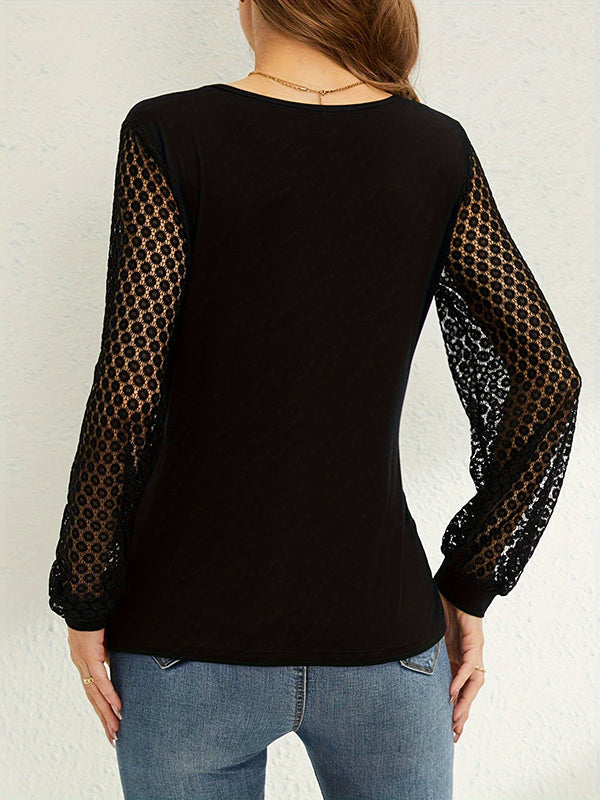 See-Through Solid Color Split-Joint Long Sleeves Puff Sleeves Deep V-Neck T-Shirts Tops