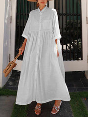 Buttoned Pleated Pockets Split-Joint Striped A-Line Half Sleeves Lapel Maxi Dresses