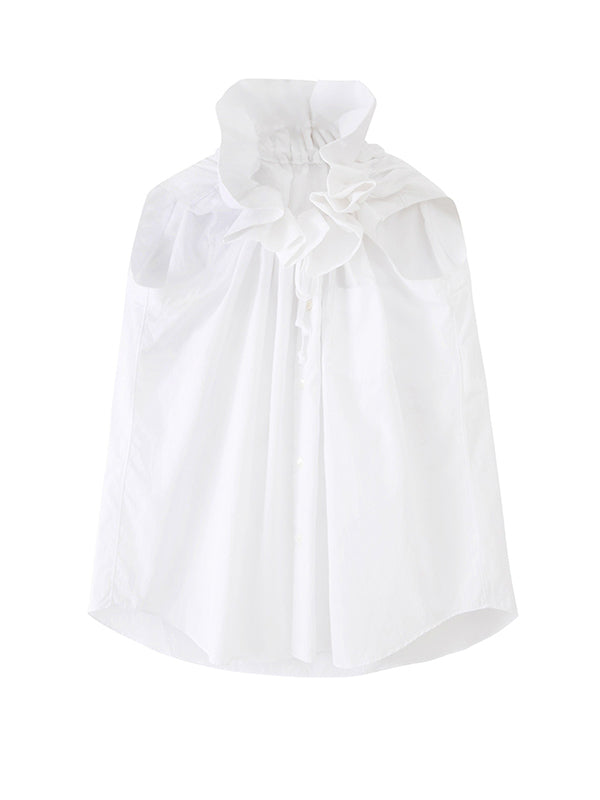 Pleated Solid Color Sleeveless Statement Collar Blouses&shirts Tops