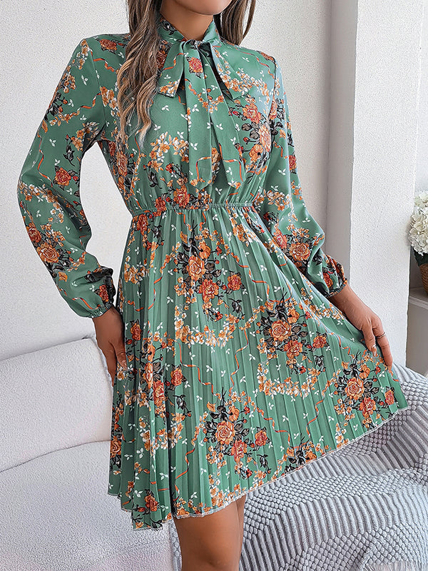 Elasticity Flower Print Pleated Tied Long Sleeves Loose Round-Neck Mini Dresses