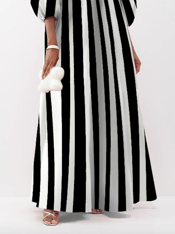 Striped Puff Sleeves Three-Quarter Sleeves V-Neck Maxi Dresses
