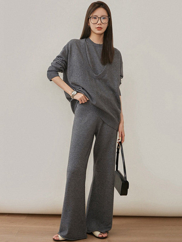 Urban Loose Solid Round-Neck Vest Top& V-Neck Sweater Tops& Wide Leg Pants Three-Piece Set