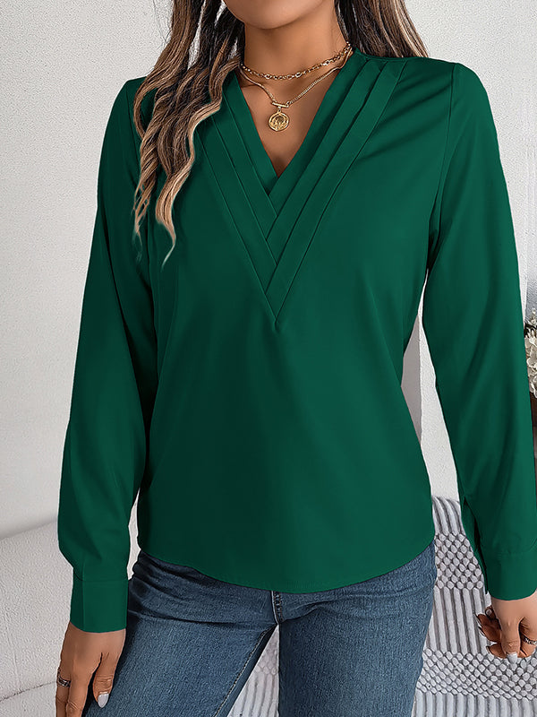 Pleated Solid Color Split-Joint Long Sleeves Loose V-Neck T-Shirts Tops