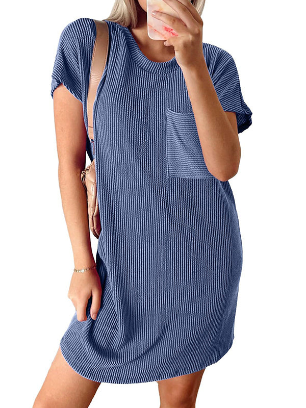 Contrast Color Pockets Split-Joint Striped A-Line Loose Round-Neck Mini Dresses