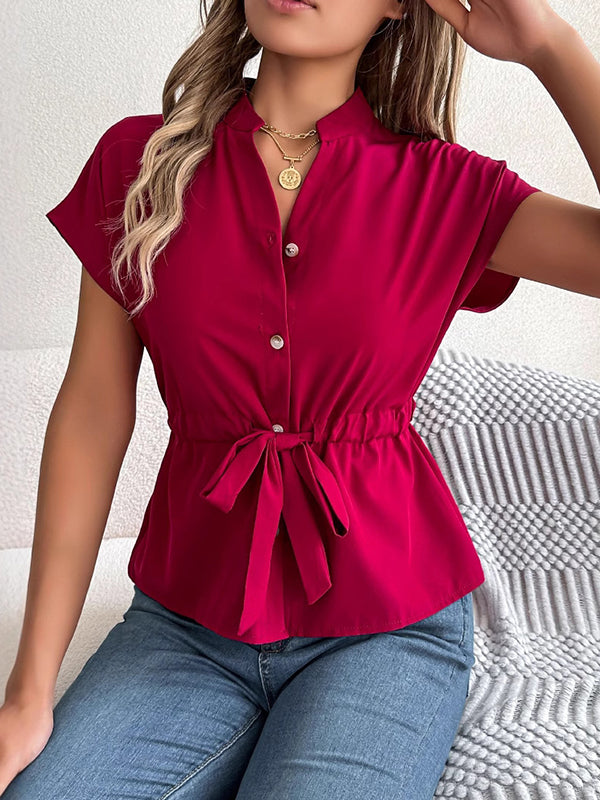 Buttoned Comfort Solid Color Tied Waist Short Sleeves Stand Collar Blouses&Shirts Tops