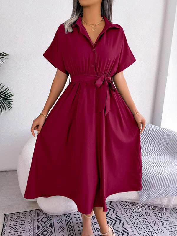 Solid Color Split-Joint Tied Waist Loose Short Sleeves Lapel Shirt Dress Midi Dresses